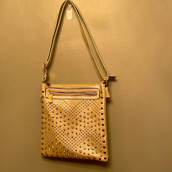 Handbags - Rhinestone embellished gold shoulder handbag